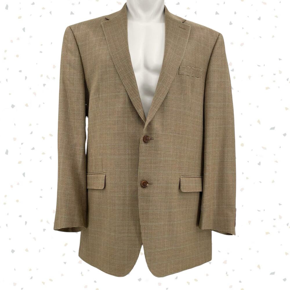 LRL Ralph Lauren Sport Coat Houndstooth Tan Jacket Silk Wool Blend Size 44 Long